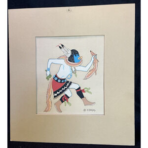 Harrison Begay Navajo Night Dance Clown Silkscreen Painting Matted Vintage 1960s